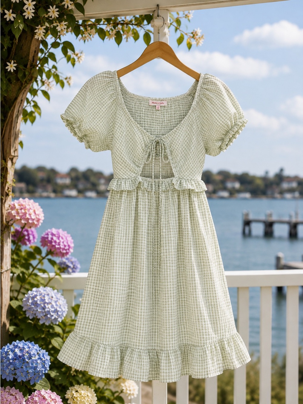 MEET ME IN SANTORINI - Gingham Puff Sleeve Dress with Front Cutout NWT
